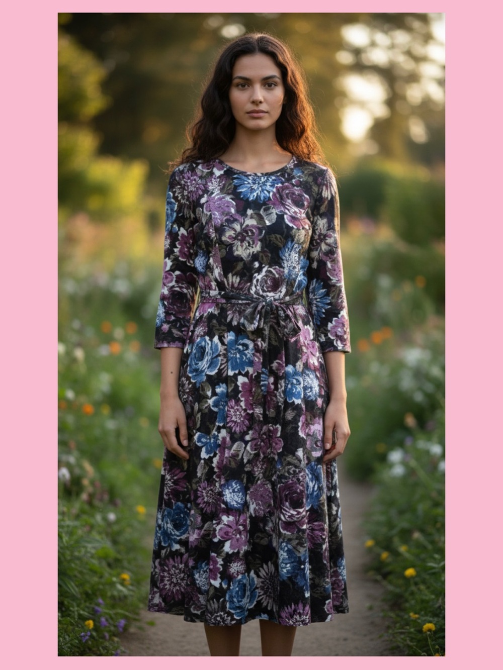 Nina Leonard Floral Tie-Waist Midi Dress in Purple and Blue